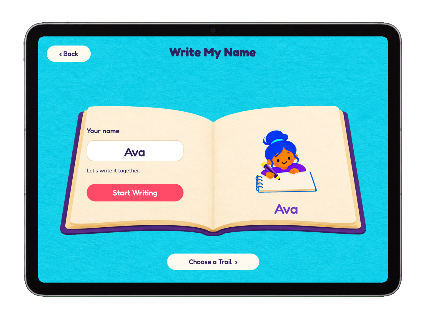 The Little Play app showing Ava in an open name-practice storybook